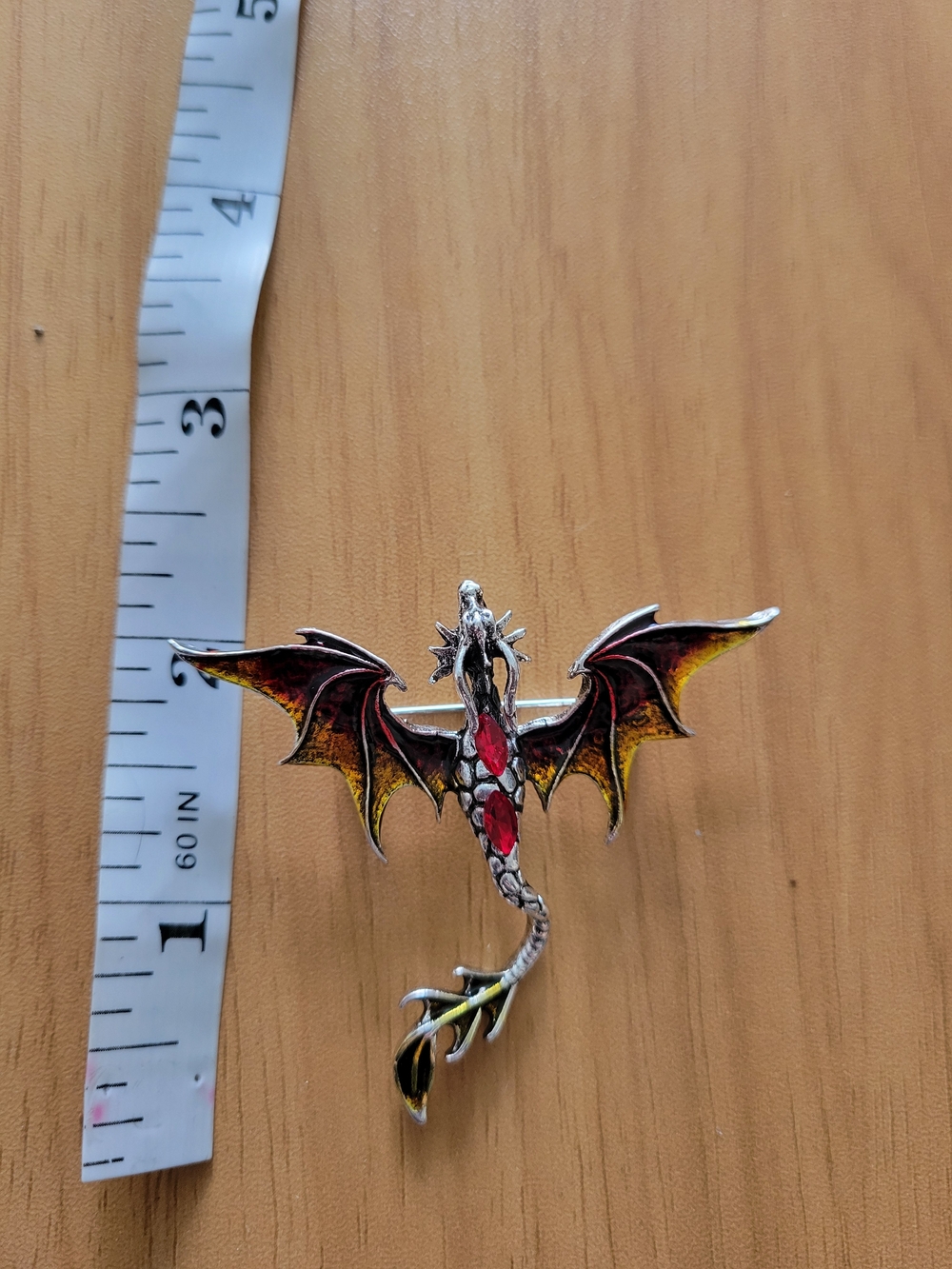 🧋NEW🧋Silver Dragon Brooch with Red Gem Accents and Red-to-Yellow Enamel Wings
